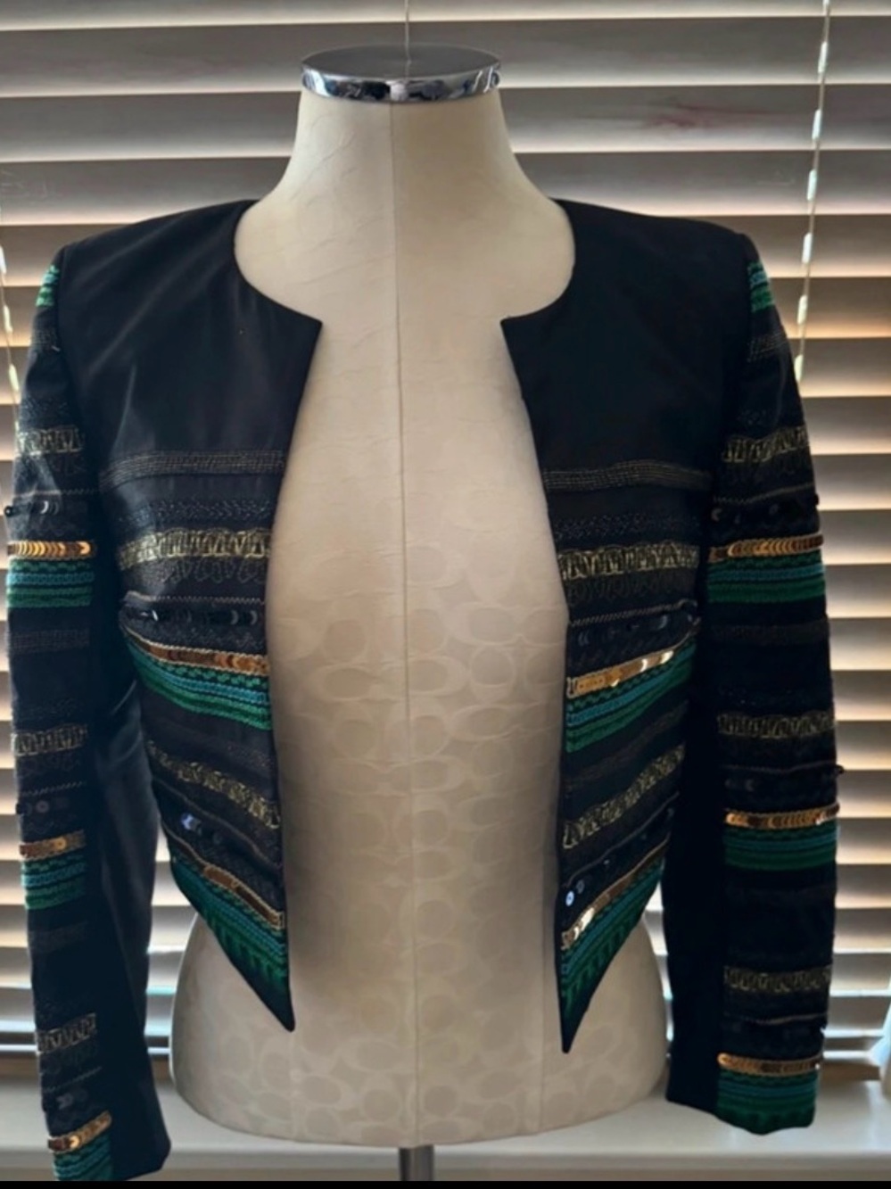 H&M Black Open-Front Jacket with Green and Gold Embellishments